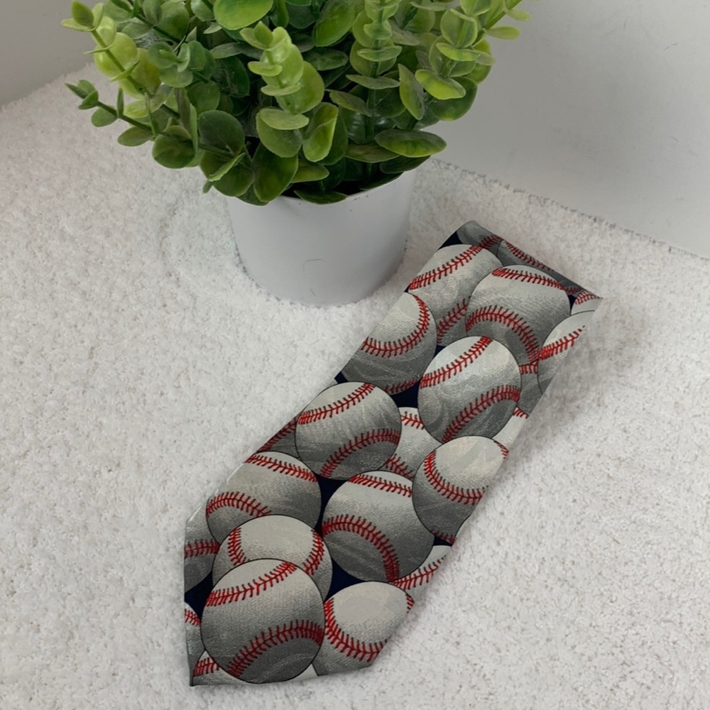 Renaissance hand made grey-red-white men’s baseball theme tie